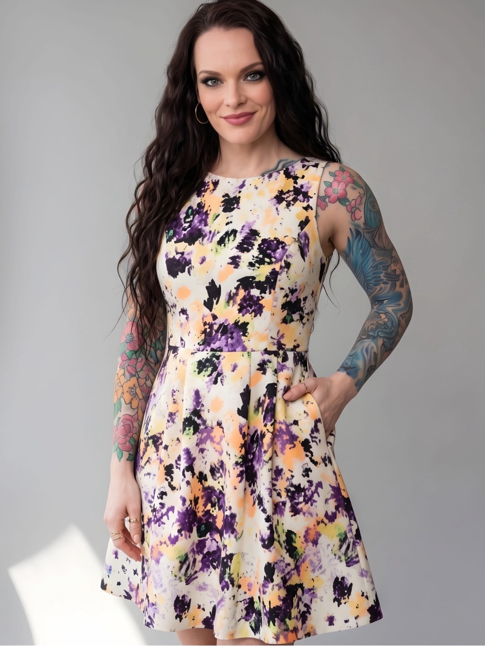 Maeve Anthropologie Lemon Garden Floral Fit & Flare Pocket Dress Petite 4P